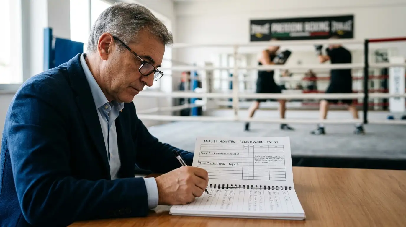 Analista di scommesse pugilato che annota knockdown e KO sul proprio quaderno di lavoro