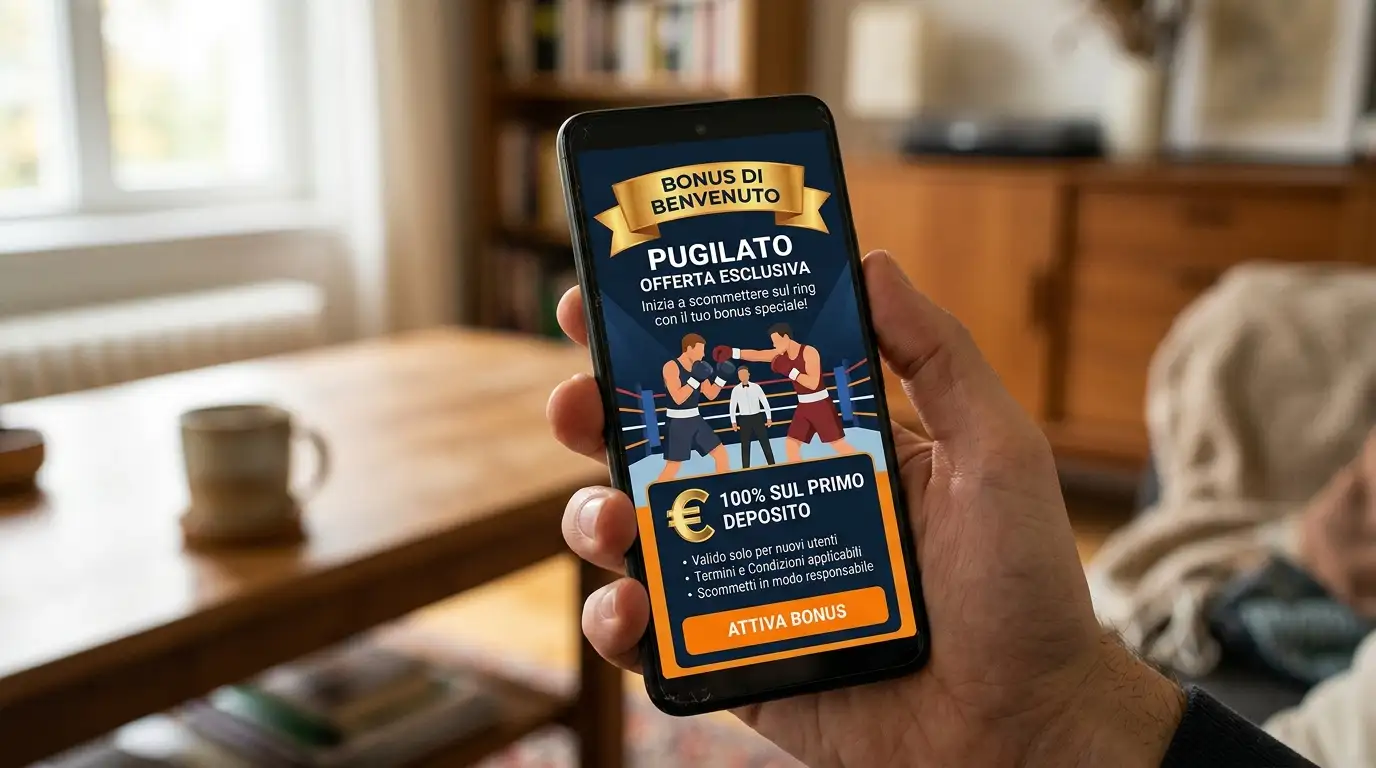Smartphone mostra una promozione di benvenuto per scommesse pugilato su un sito ADM italiano