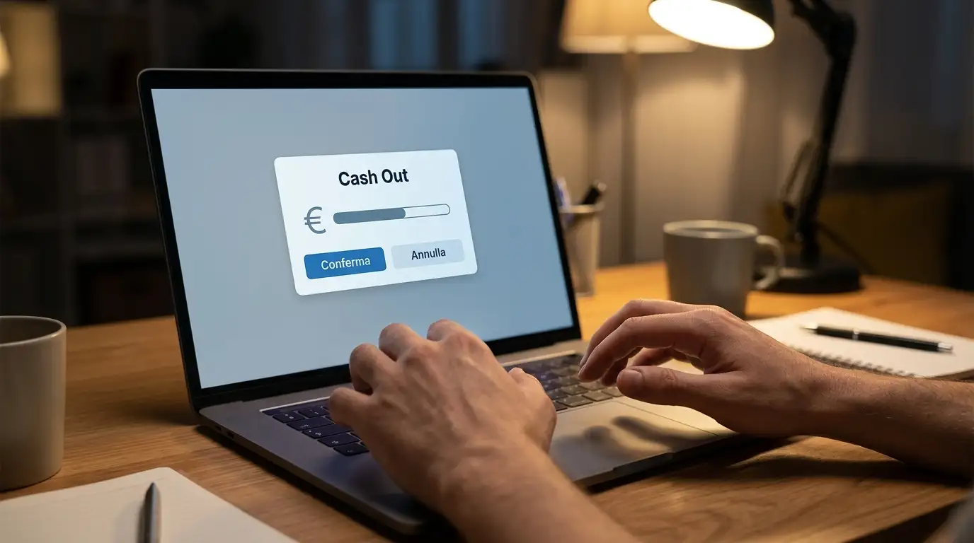 Puntatore esamina un'offerta di cash out sul laptop durante un incontro di pugilato in corso