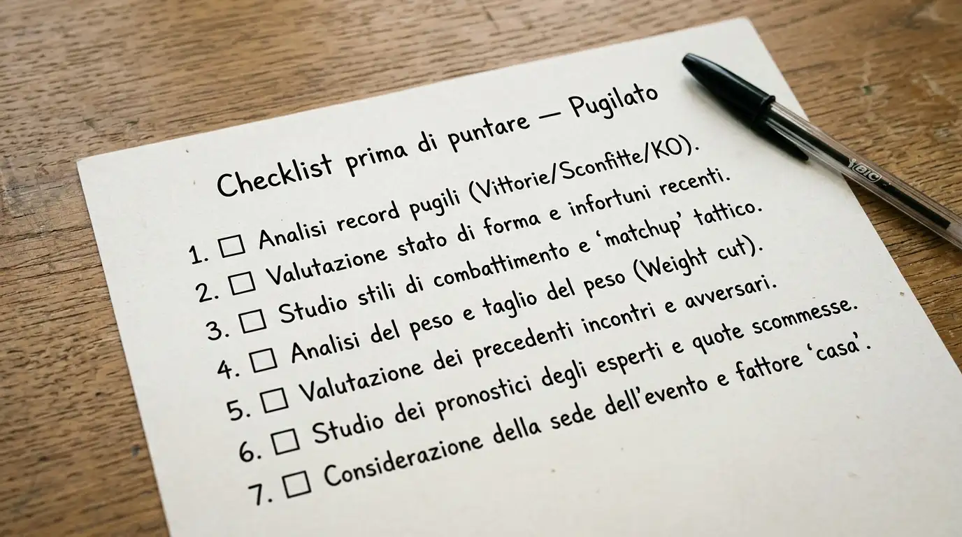 Documento cartaceo con checklist a sette punti per valutare una puntata sul pugilato prima della conferma