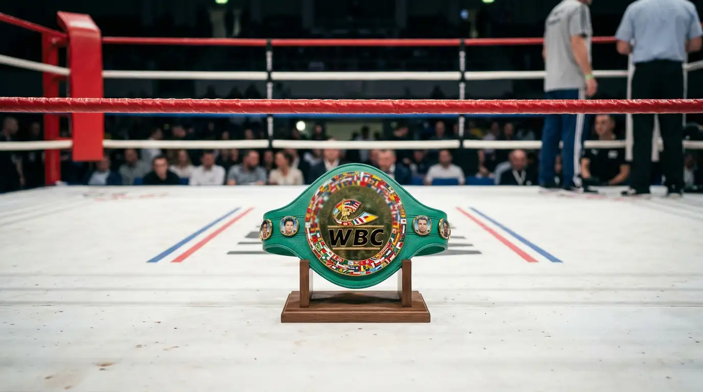 Cintura WBC verde e oro del titolo mondiale dei supermedi esposta sul ring