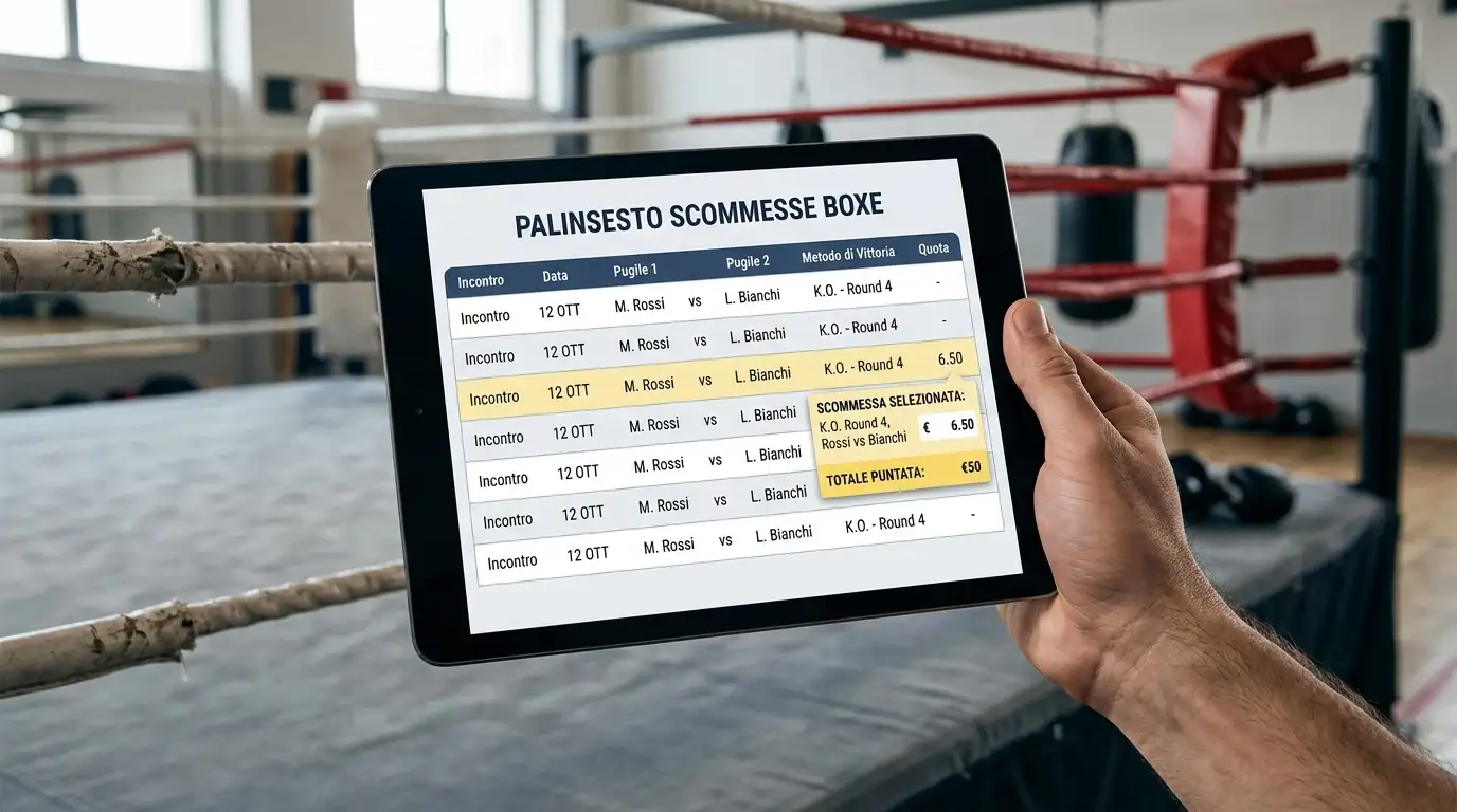 Tagliando di scommessa con combinazione pugile-metodo evidenziata sul palinsesto digitale