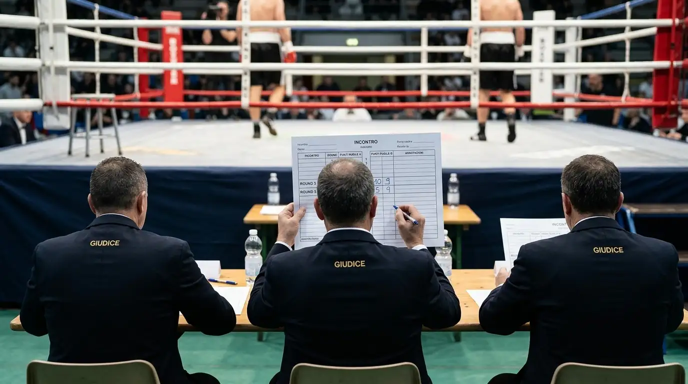 Tre giudici a bordo ring che compilano i cartellini di un incontro al termine del round