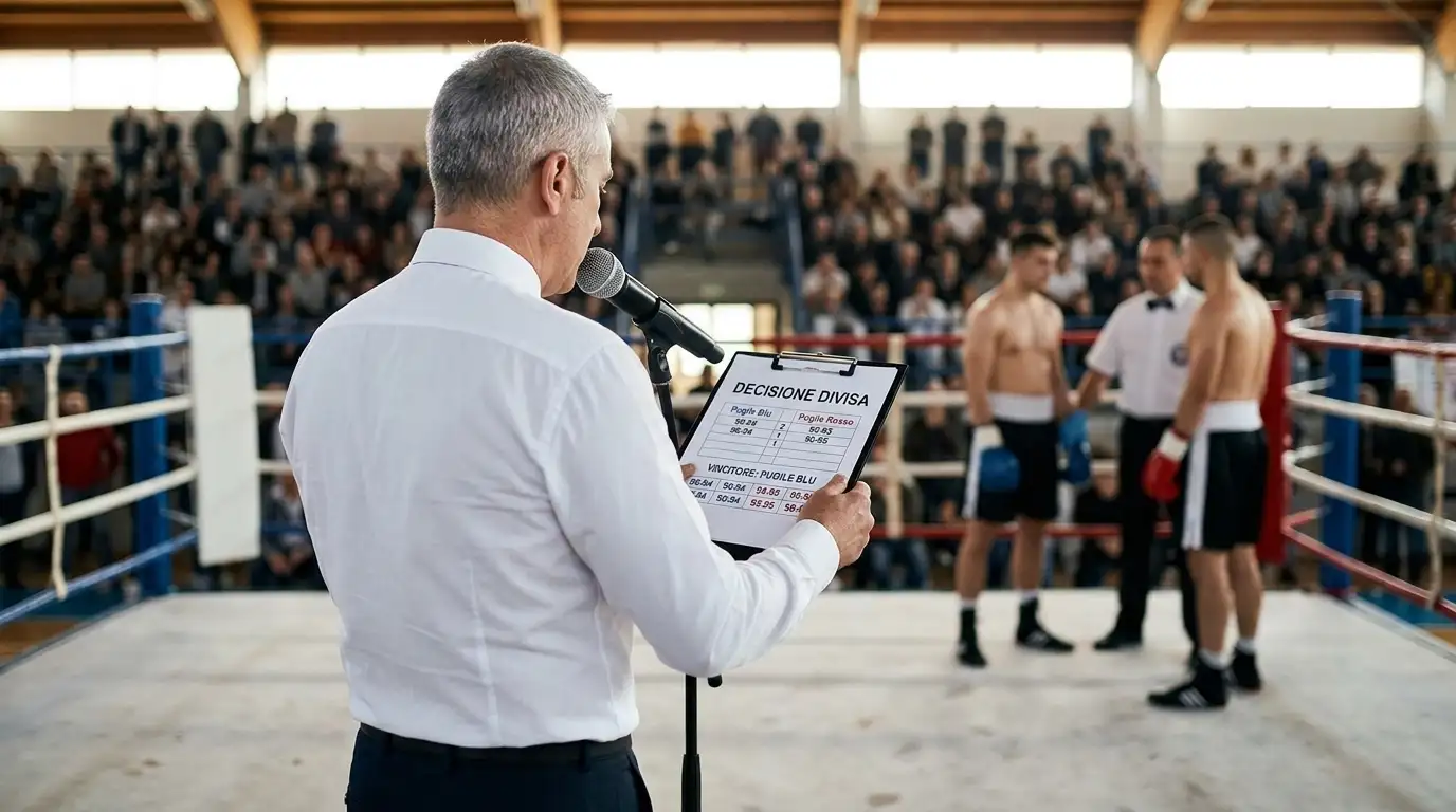 Annunciatore al microfono che legge il verdetto di una decisione divisa al centro del ring
