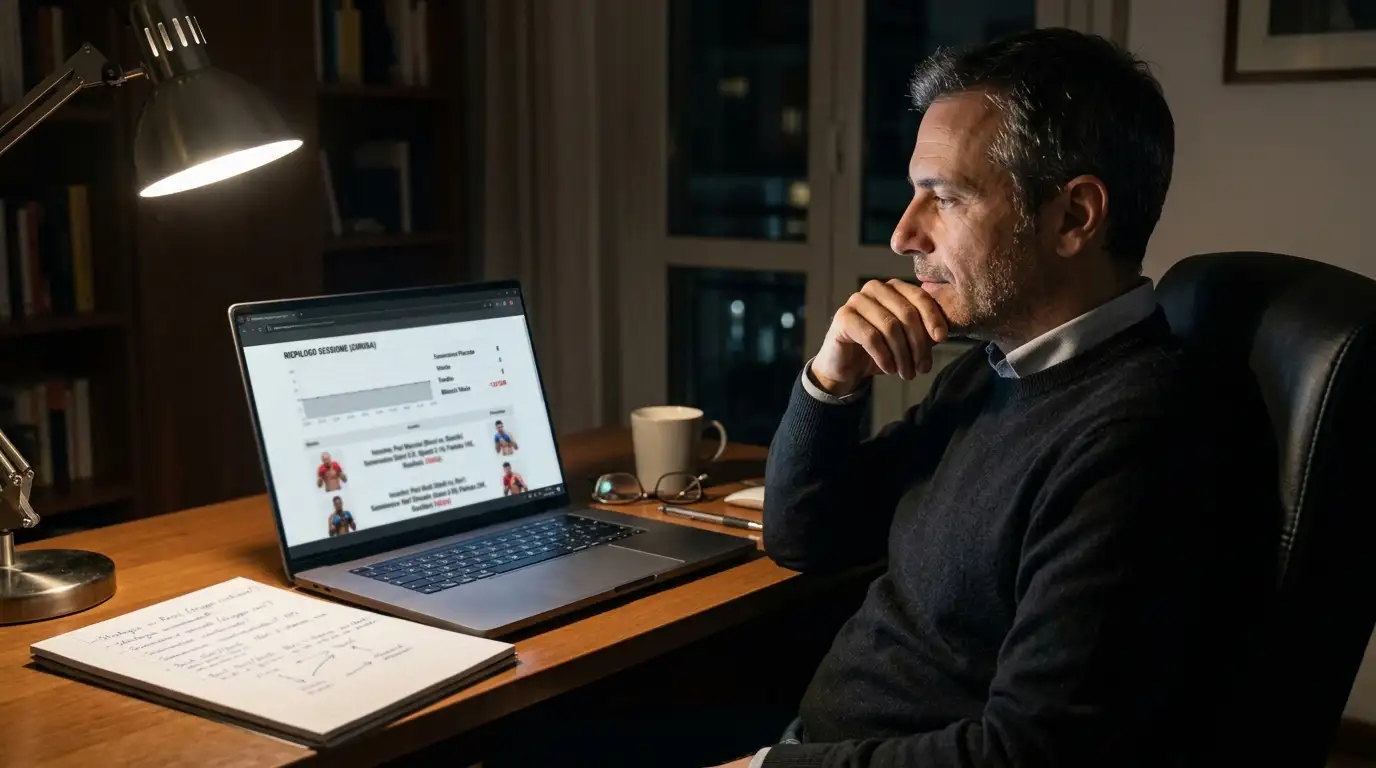 Puntatore pensieroso davanti al laptop dopo una perdita su una scommessa di pugilato con appunti sparsi sulla scrivania