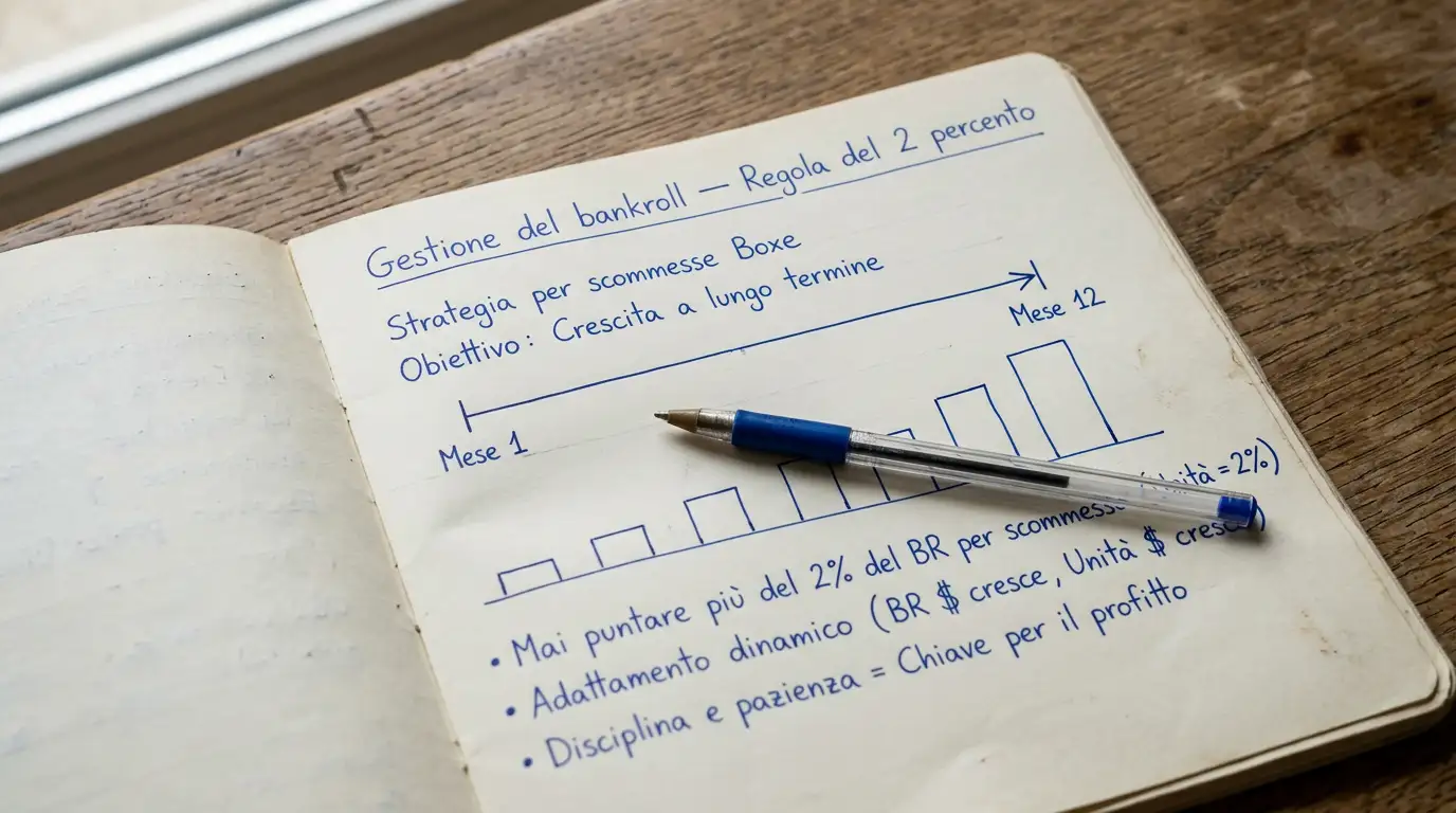 Quaderno di gestione del bankroll con annotazioni manuali di puntate, percentuali e grafico semplice senza importi