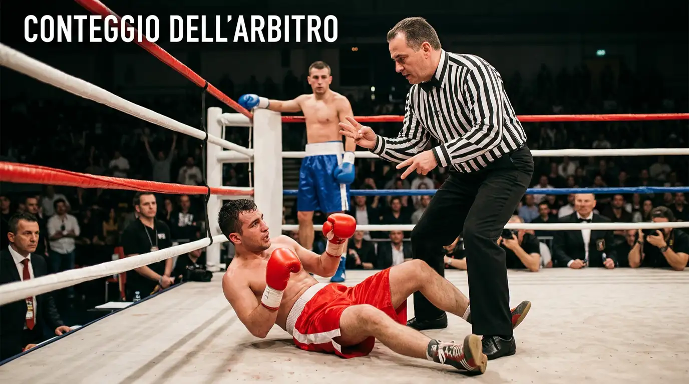 Arbitro che conta su un pugile finito a terra dopo un atterramento regolare