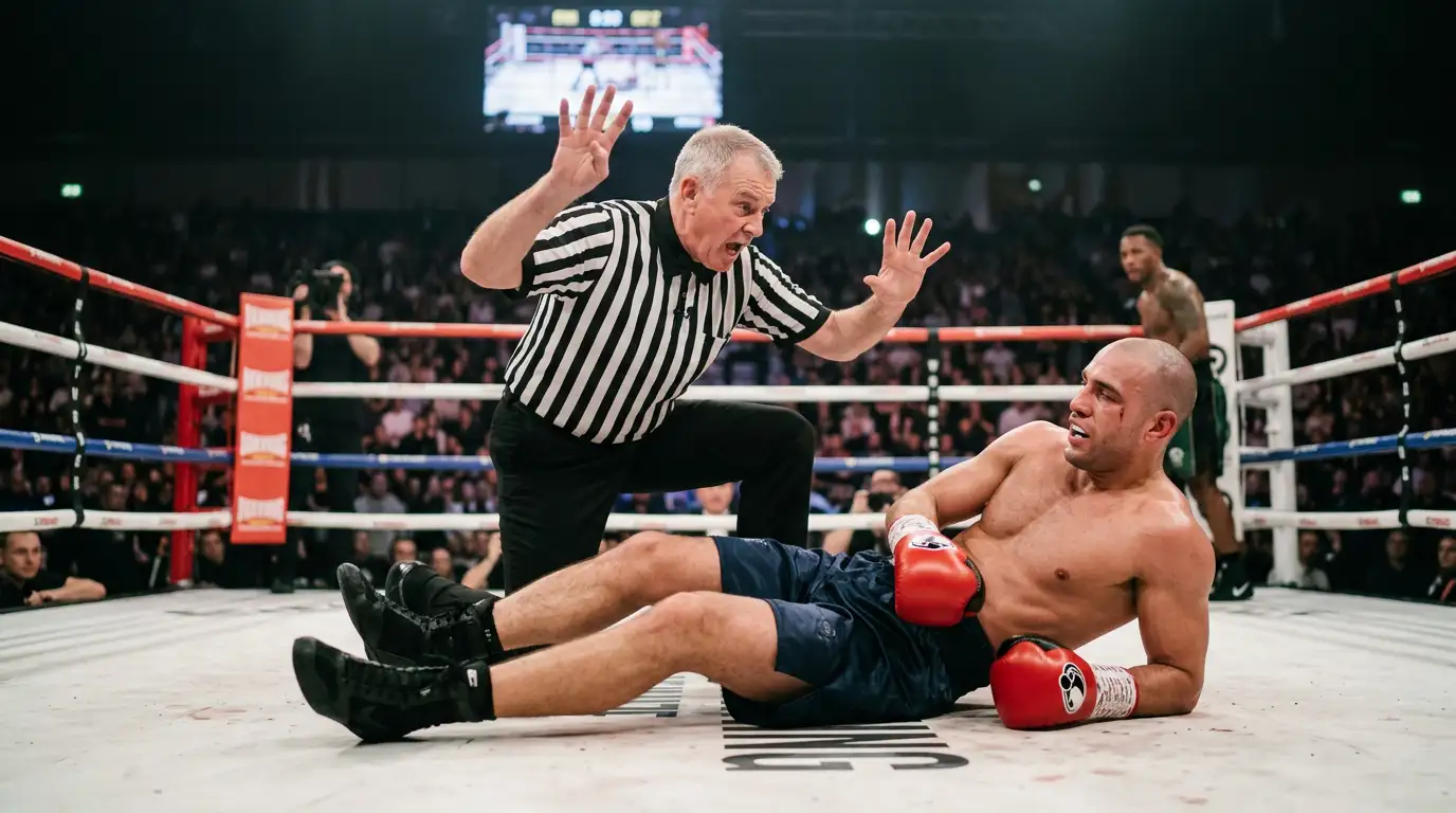 Arbitro che conta il knock-out su un pugile a tappeto durante un incontro professionistico