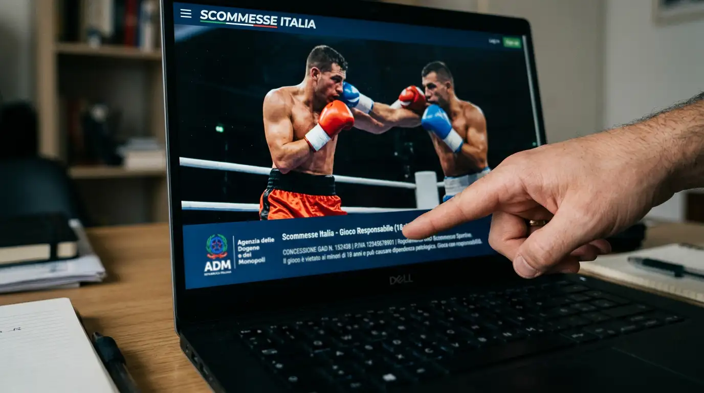 Mano controlla il logo ADM e il numero di concessione nel footer di un sito di scommesse italiano