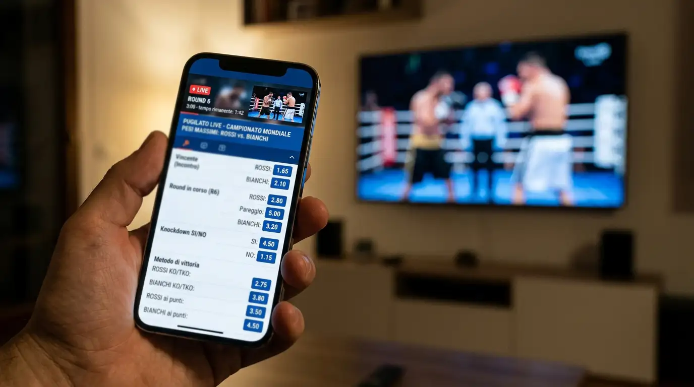 Smartphone mostra il palinsesto live con mercati round per round di un incontro di pugilato