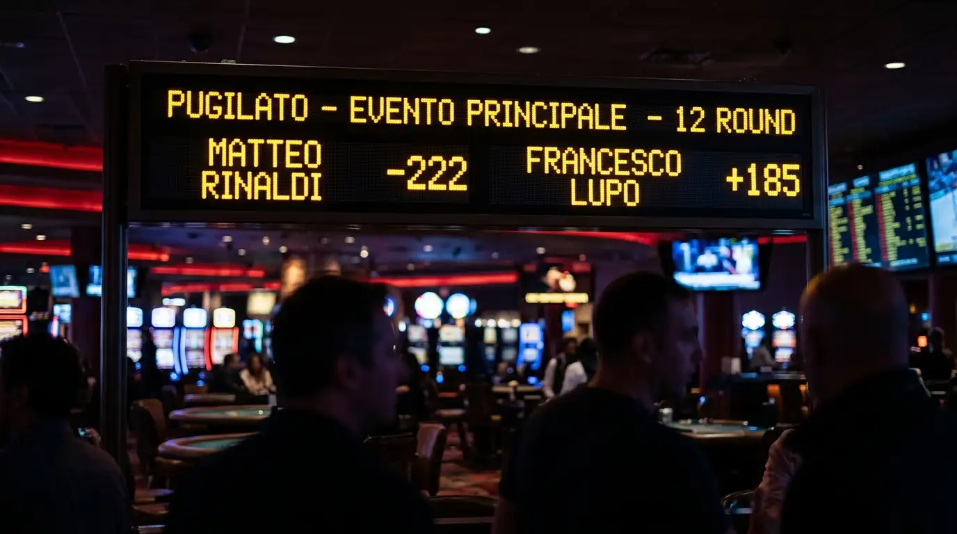 Tabellone elettronico di Las Vegas mostra le quote moneyline americane per un incontro di pugilato