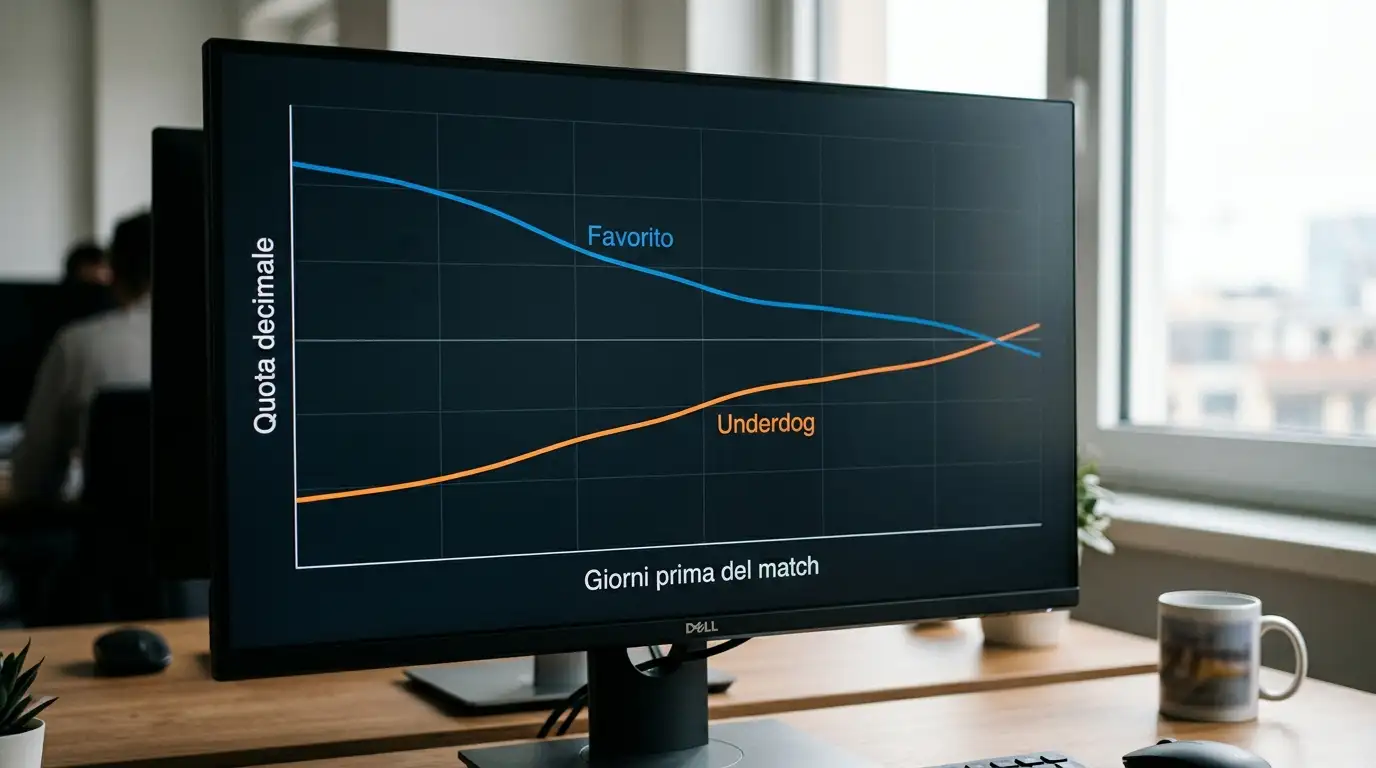 Schermo di analisi mostra il movimento di una linea di quote di pugilato nei giorni prima di un match
