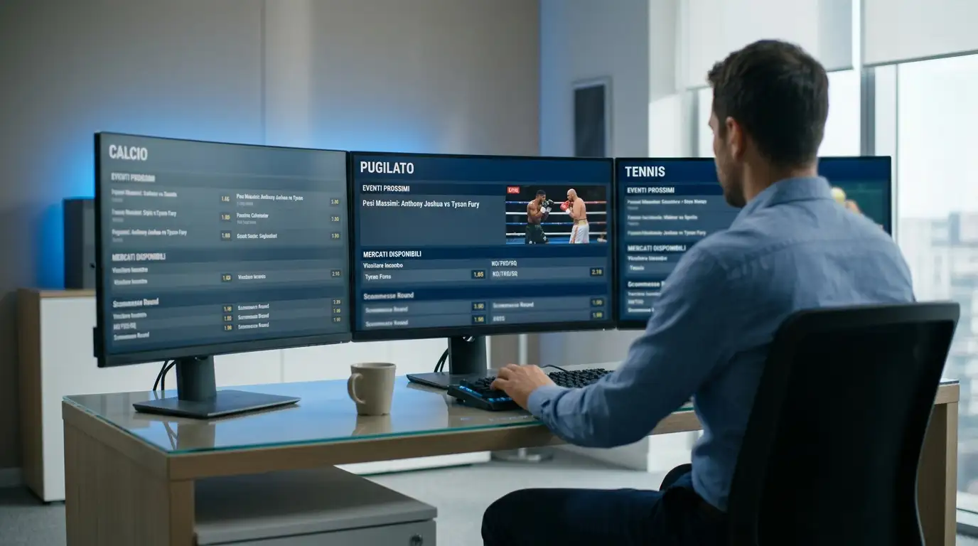 Ufficio di un operatore italiano di scommesse con monitor multipli che mostrano palinsesti sportivi