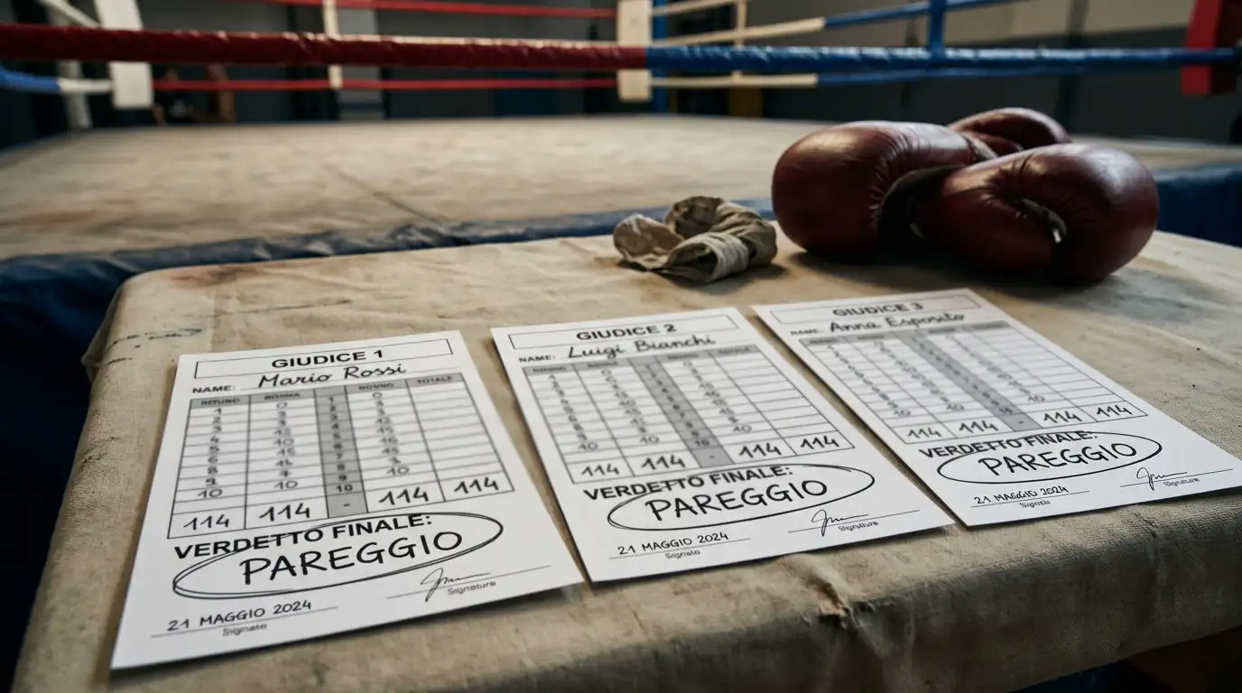 Cartellini di tre giudici con verdetto di pareggio dopo un incontro di pugilato professionistico
