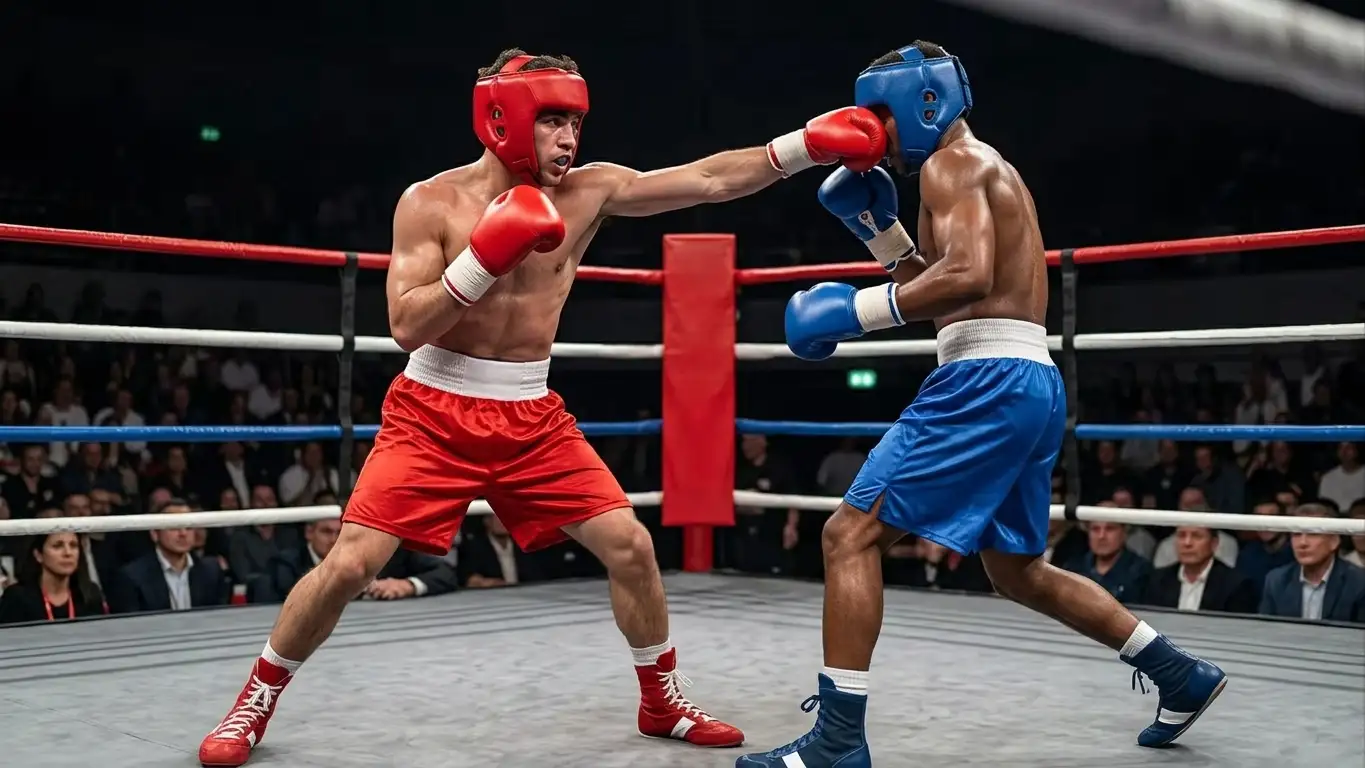 Pugile tecnico che gestisce le distanze con il jab durante un round centrale