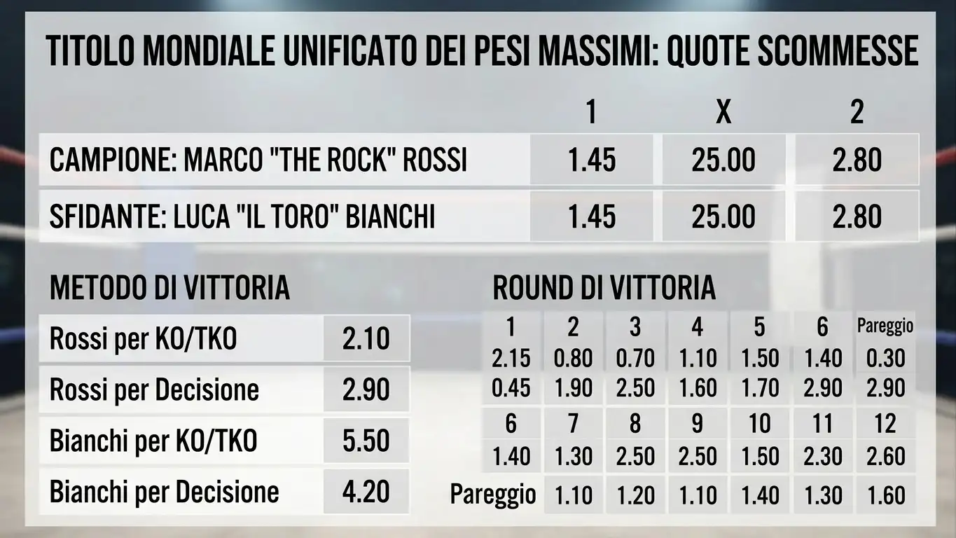 Schermata di palinsesto bookmaker con le quote di un grande titolo mondiale unificato