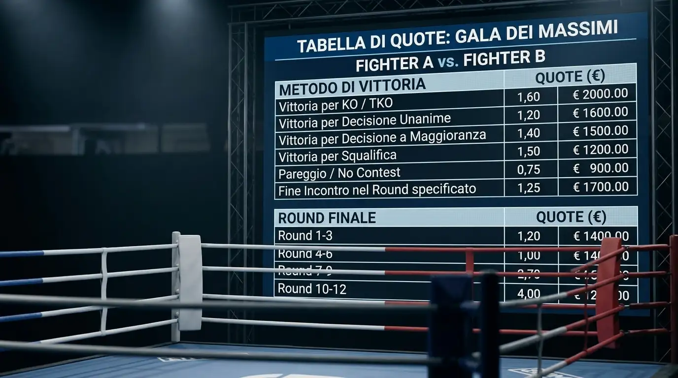 Tabella di quote del bookmaker con i diversi metodi di vittoria su un gala dei massimi