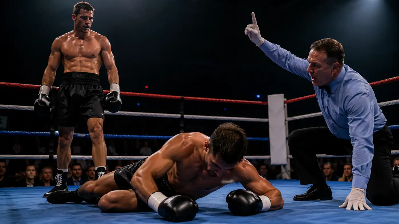 Pugile sul ring con arbitro pronto a contare durante un atterramento decisivo