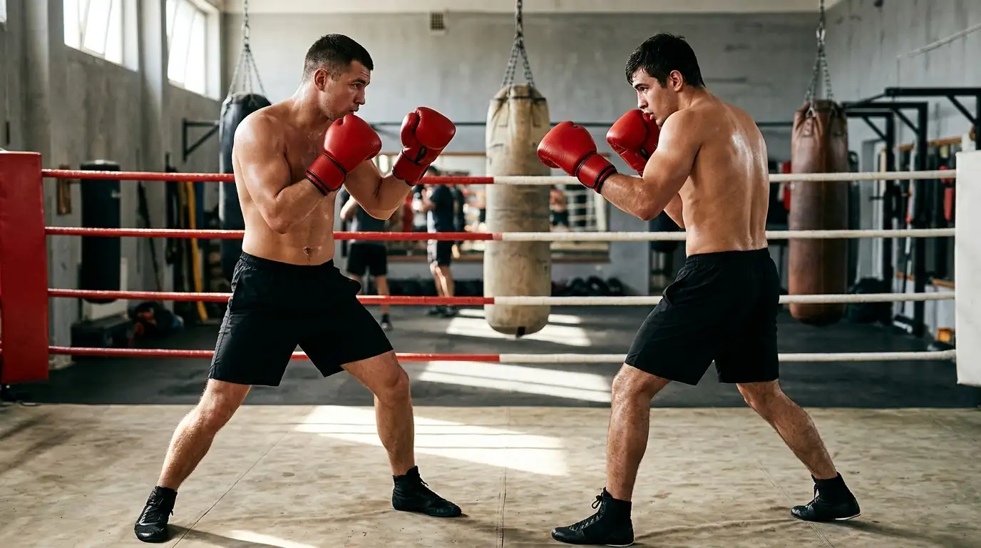 Due pugili professionisti in guardia orthodox e southpaw faccia a faccia su un ring di pugilato