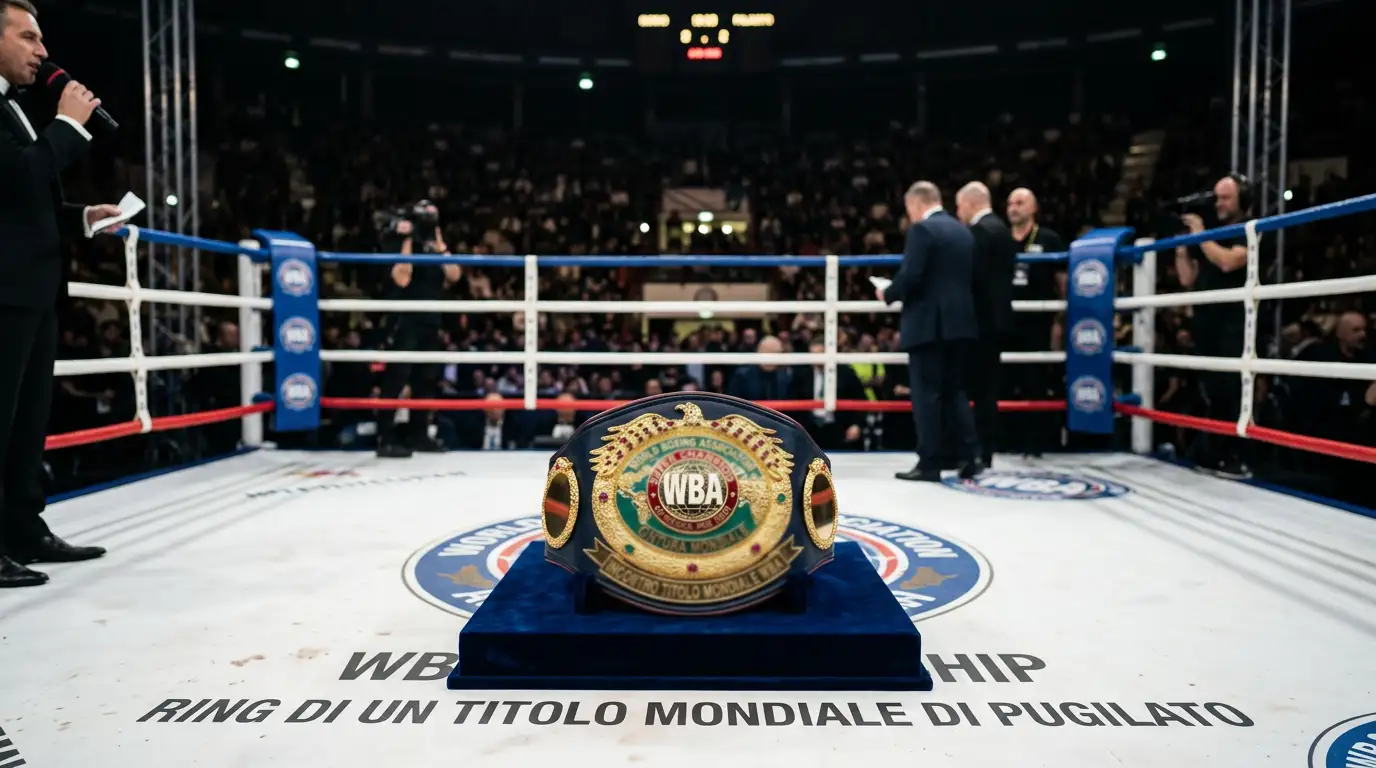 Ring di un titolo mondiale di pugilato con cintura esposta prima dell'inizio dell'incontro