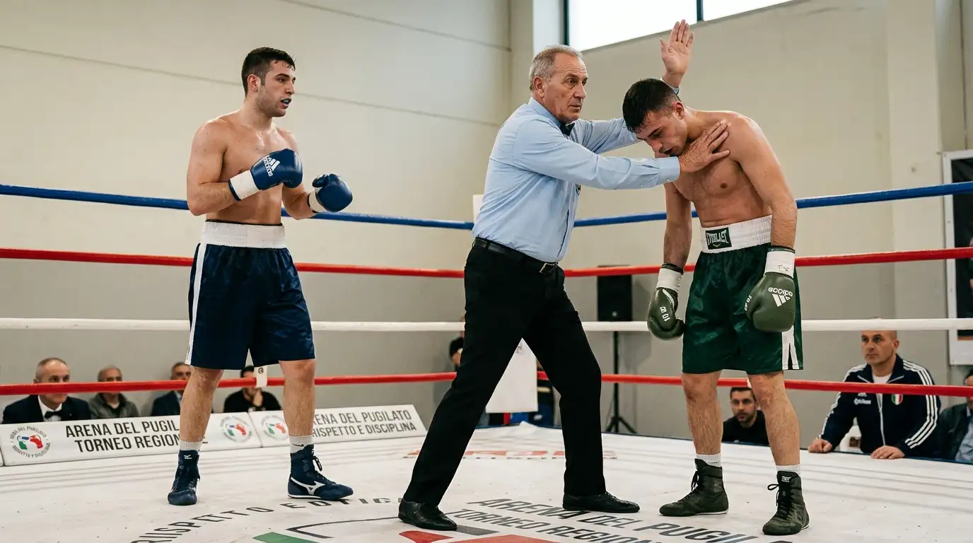 Arbitro che interrompe l'incontro per TKO mentre un pugile non si difende più