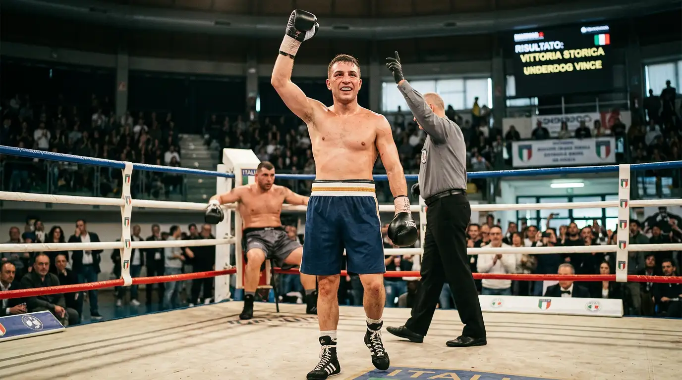 Pugile underdog alza il braccio in segno di vittoria dopo un ribaltamento storico sul ring